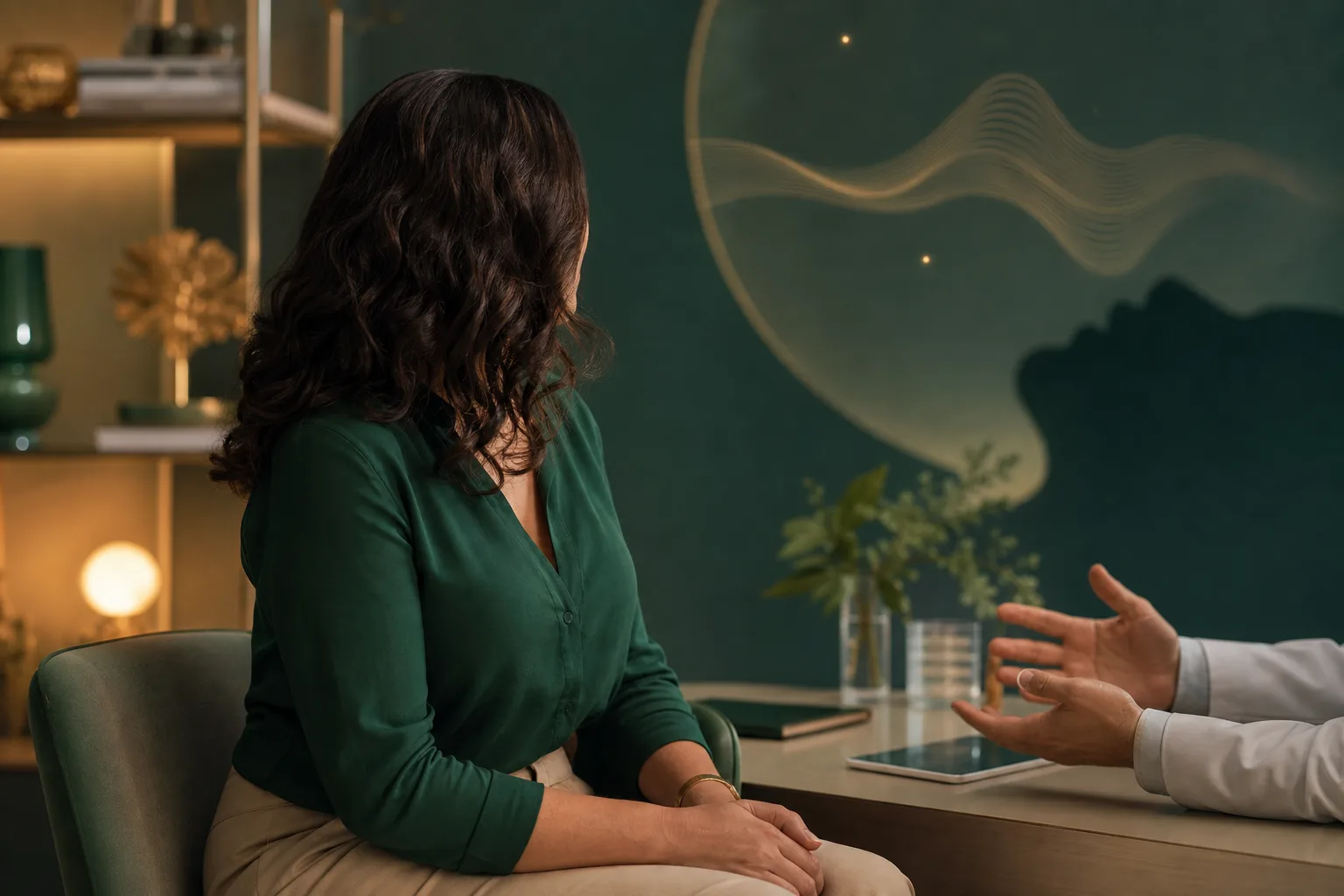 Mulher em ambiente acolhedor durante conversa sobre sono, saúde metabólica e tratamento integrado da obesidade