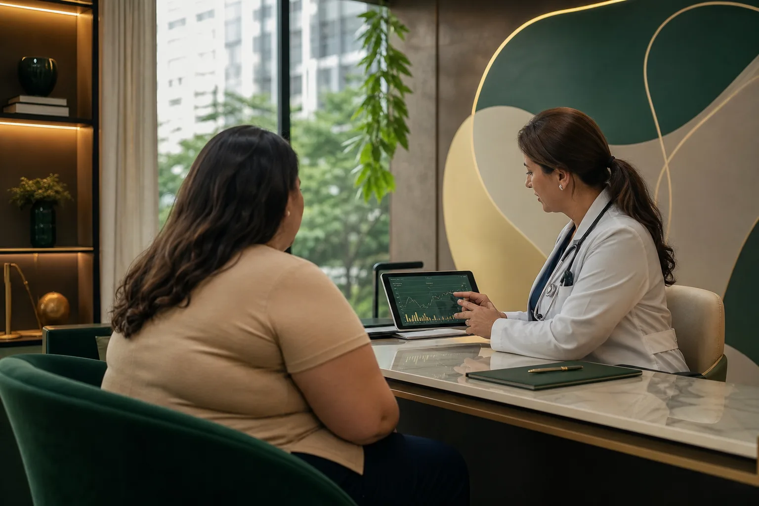 Mulher em consulta médica integrada sobre saúde metabólica e esteatose hepática