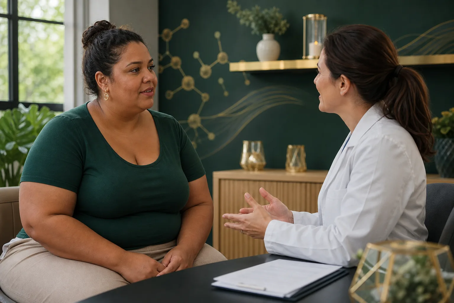 Mulher em ambiente clínico acolhedor conversando com profissional sobre saúde metabólica e resistência à insulina
