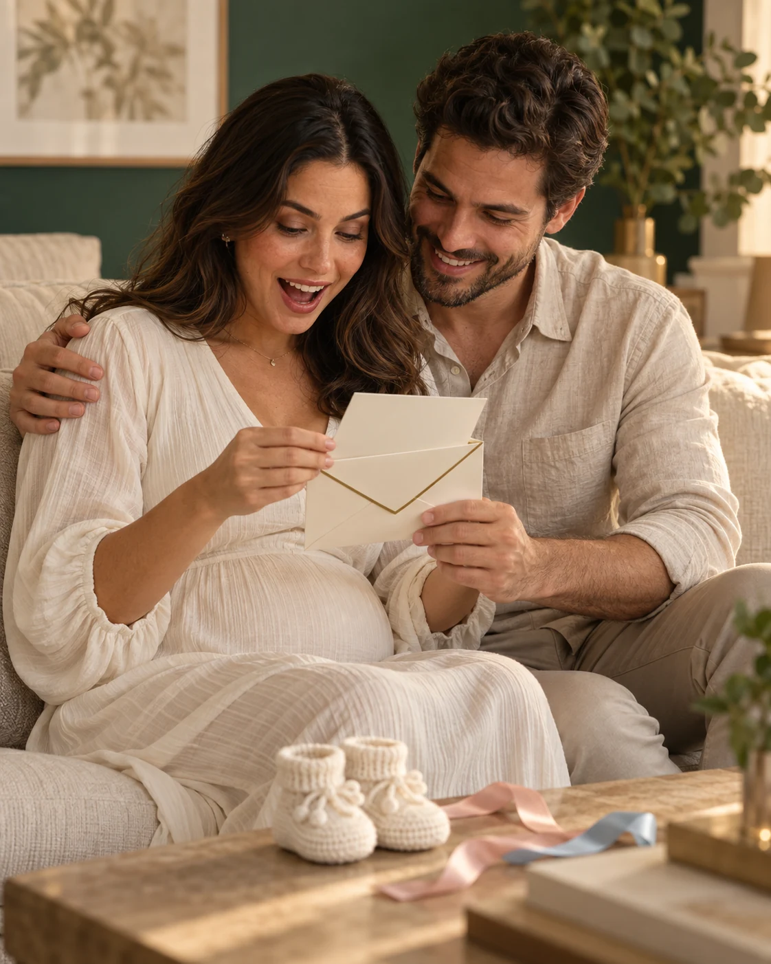 Casal ilustrativo celebrando a descoberta do sexo do bebê ao abrir um envelope