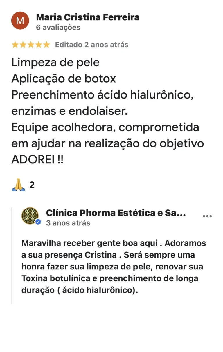 Captura da avaliação de Maria Cristina Ferreira no Google sobre a Clínica Phorma