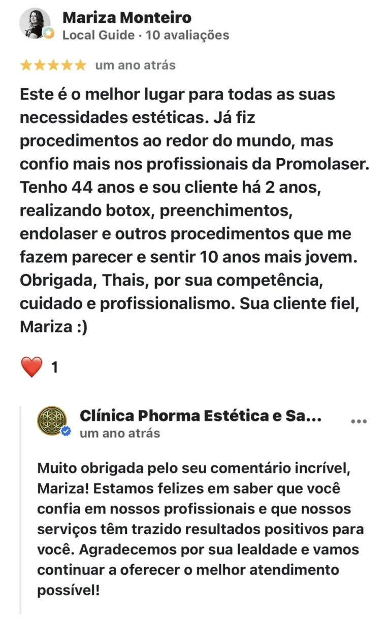 Captura da avaliação de Mariza Monteiro no Google sobre a Clínica Phorma