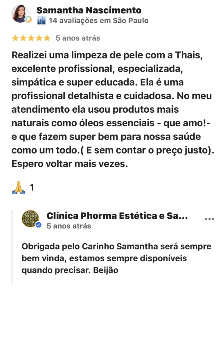 Captura da avaliação de Samantha Nascimento no Google sobre a Clínica Phorma